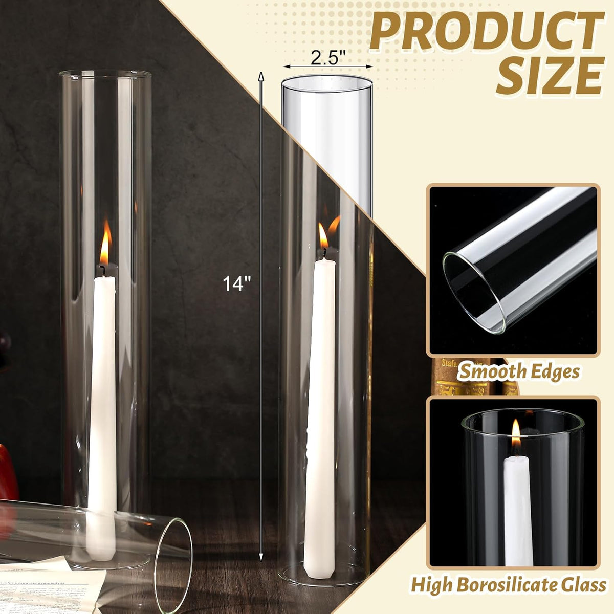 Treela 6 Pcs 2.5" W x 14" H Hurricane Candle Holder Sleeve Bottomless Glass Cylinder Candleholder Sleeve Tall Candle Glass Cover Clear Open Ended Shade Chimney Tube Cover for Pillar Taper Lamp
