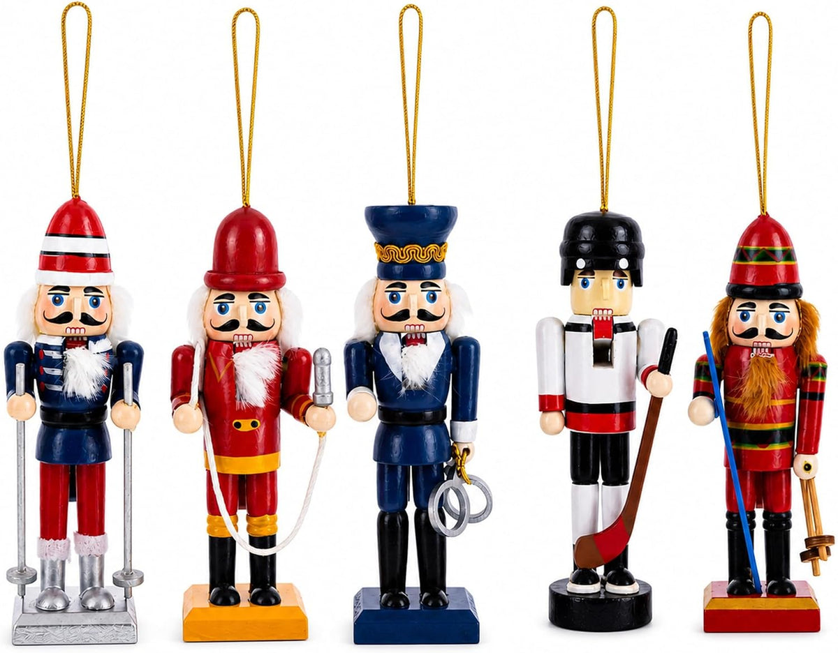 BestPysanky Nutcracker Ornament Set of 5 Wooden Christmas Figures 5 Inches