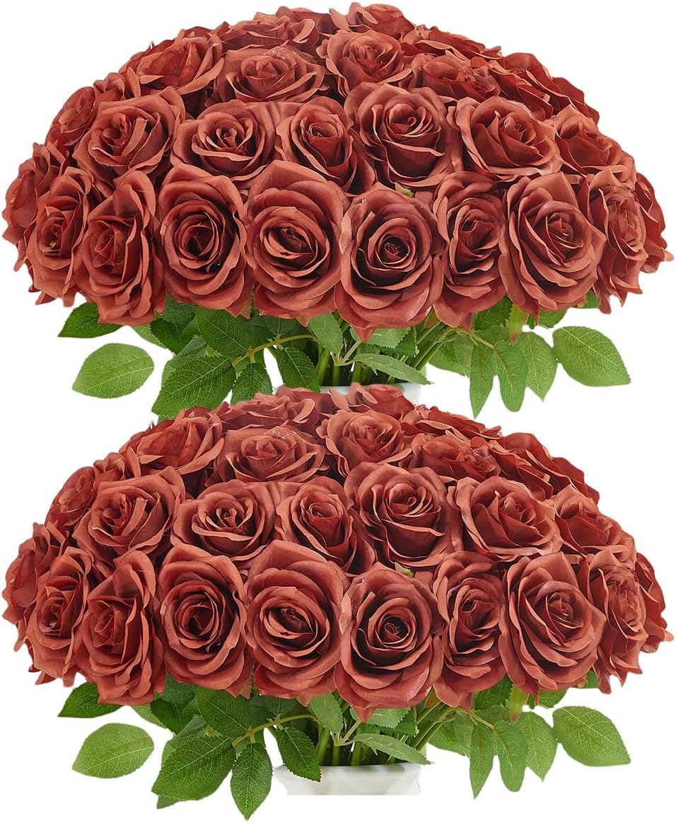 50pcs Burnt Orange Roses Artificial Flowers Bulk,Fake Roses Silk Flower with ...