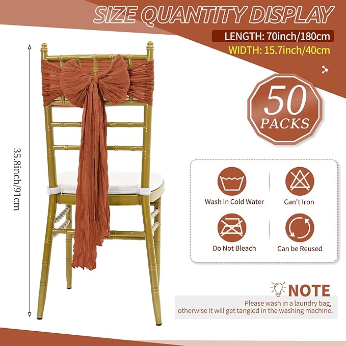 50 Pcs Cheesecloth Aisle Decorations Sashes - Universal Chair Covers for Wedding Reception Party Hotel Event (Terracotta)