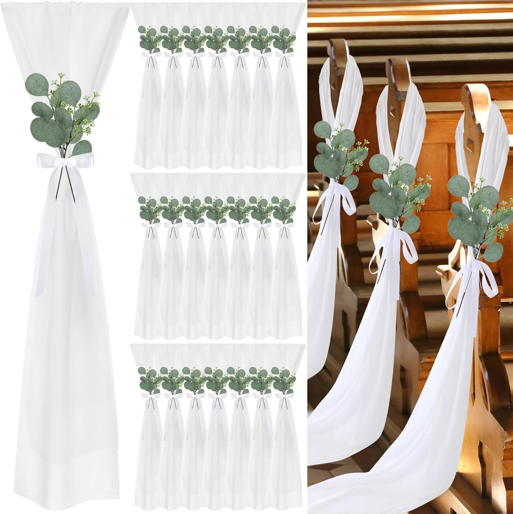 24 Set Wedding Aisle Chair Decorations Pew Bows, Round Eucalyptus