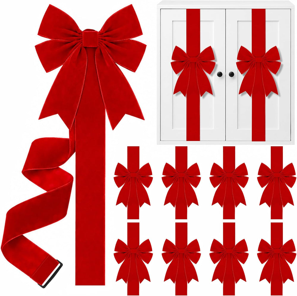 9 Pcs Christmas Cabinet Red Velvet Bow, Adjustable Kitchen Red Ribbon Decor