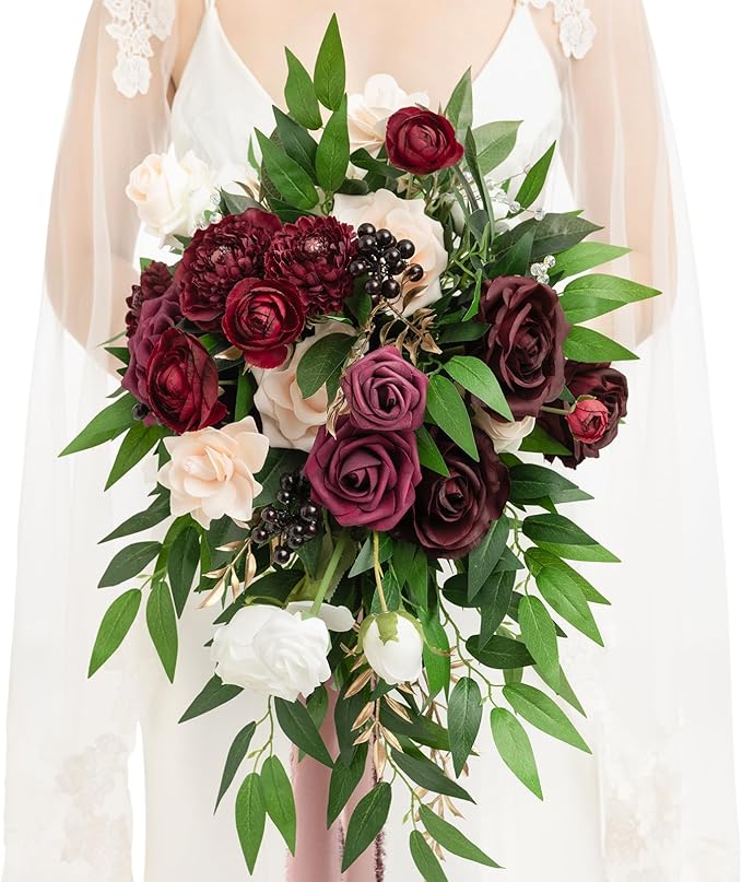 Ling's moment Burgundy Bridal Bouquet Cascading, Marsala Wedding Bouquets for Bride, 13 Inch Bride Bouquets for Wedding Artificial Flowers Bouquets