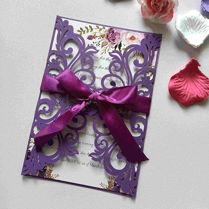 25PCS Dark Purple Laser Cut Wedding Invitations Cards with Envelopes,Blank Inner Sheets,Ribbons for Wedding Bridal Shower Quinceañera Engagement Birthday Invites