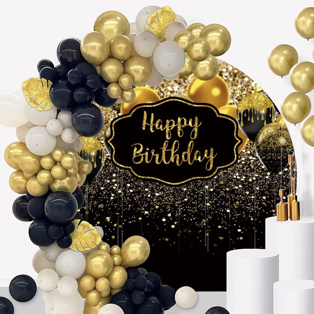 6.5x6.5ft Happy Birthday Round Backdrop Cover Black and Gold Bokeh Sequin Spo...