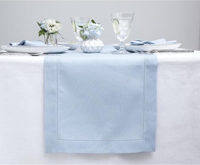 Solino Home Linen Sky Blue Table Runner 156 Inches Long - 100% Pure Linen Extra Long Table Runner 14 x 156 Inch - Classic Hemstitch