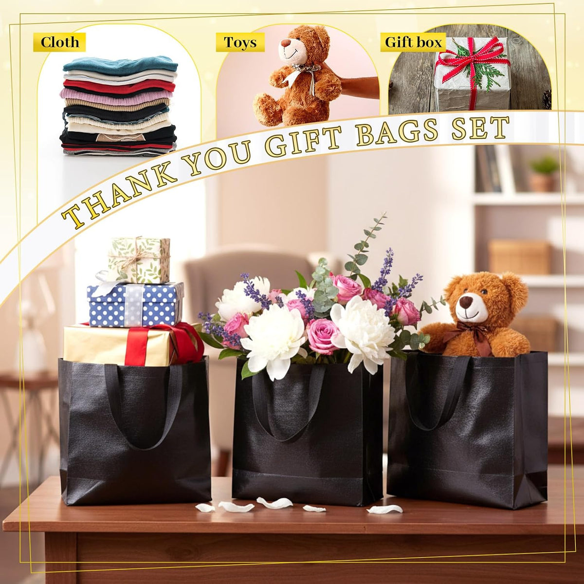 epakh 48 pcs black reusable gift bag with, package contents