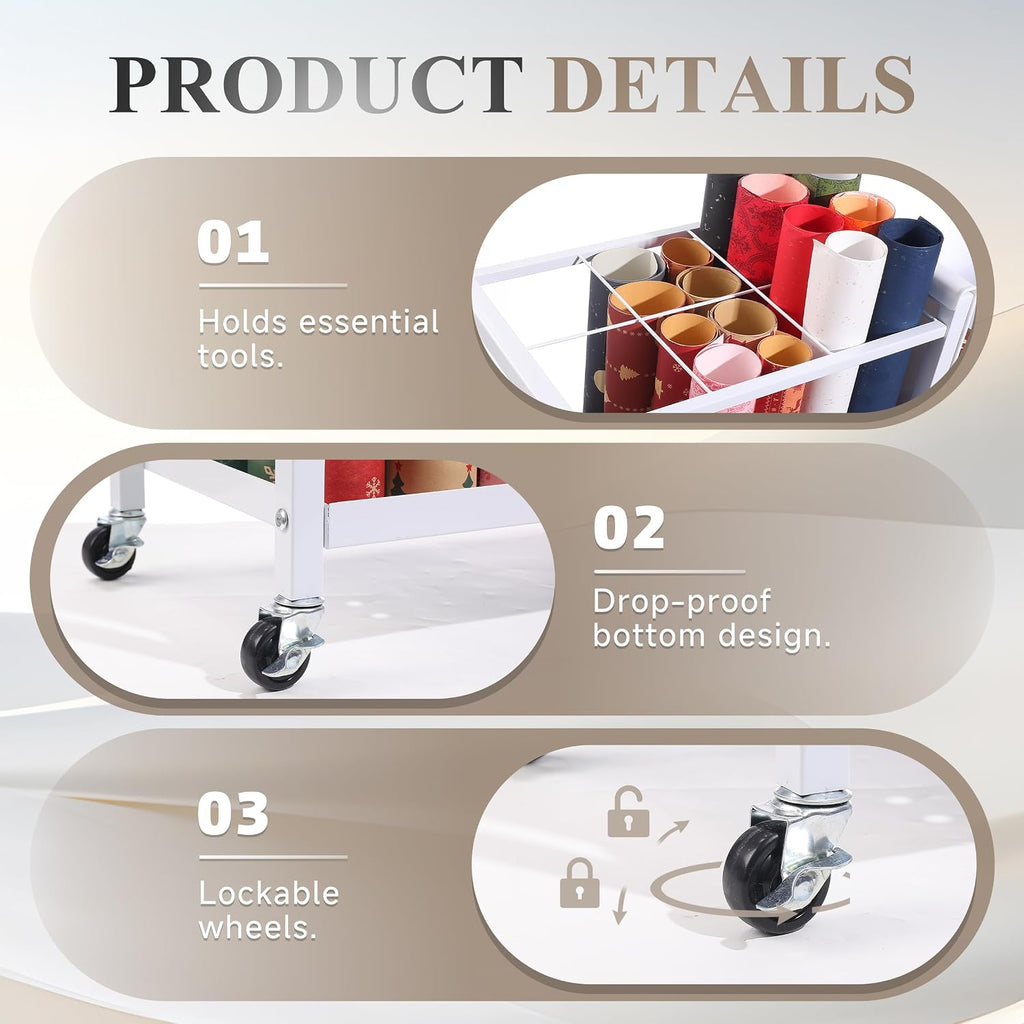 adjustable wrapping paper organizer cart with hooks &, close-up detail