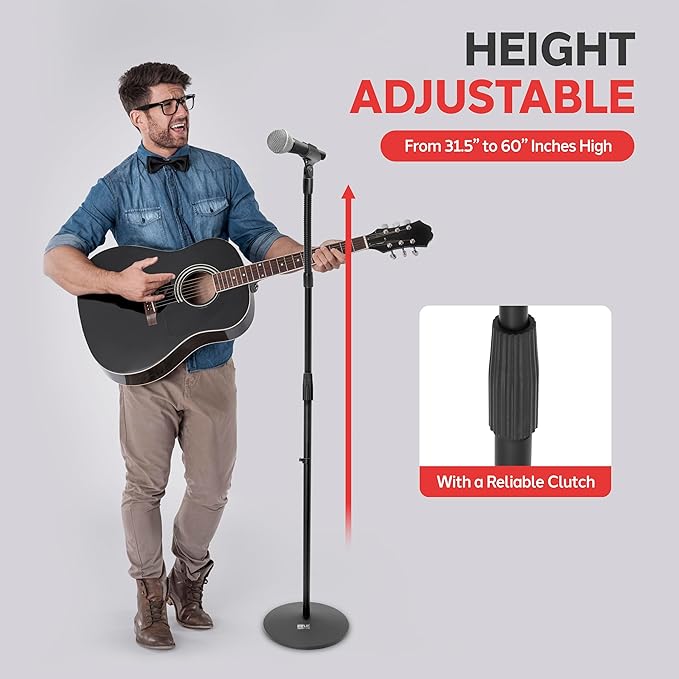 Pyle Universal Microphone Stand - M-6 Mic Holder USA Standard Adapter and Height Adjustable from 31.5” to 60” Inch High w/ Pivotable Gooseneck Mount - Heavy Duty Clutch Tension Knob PMKS32