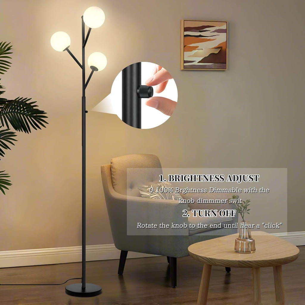 Ldeco 3-Globe Mid Century Black Tree Floor Lamp for Living Room,70in Tall Modern Stepless Dimmable Standing Lamp with Frosted Glass Shade for Office Bedroom, Study Room Bulbs Included(dimmer-Black)