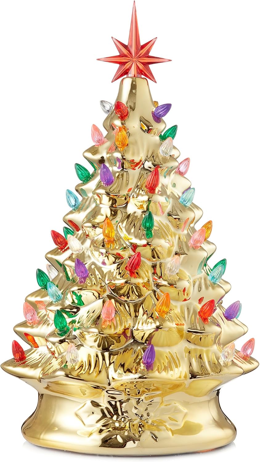 Casafield Hand Painted Ceramic Christmas Tree, Gold 15-Inch Pre-Lit Tree with 128 Multi Color Lights and 2 Star Toppers