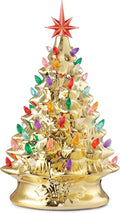 Casafield Hand Painted Ceramic Christmas Tree, Gold 15-Inch Pre-Lit Tree with 128 Multi Color Lights and 2 Star Toppers