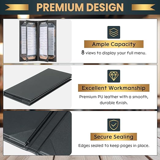 12 Pack 6 View Menu Holder Menu Covers 4.25" x 11" | Black Leather Menu Sleeves Book Style for Restaurant Coffee Bars Wine List