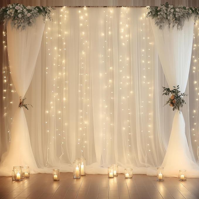 10ft x 10ft Cream White Chiffon Backdrop Curtain with Lights String for Parites Wedding Wrinkle Free Curtain Photo Backdrops Drapes for Baby Shower Birthday Party Home Decorations