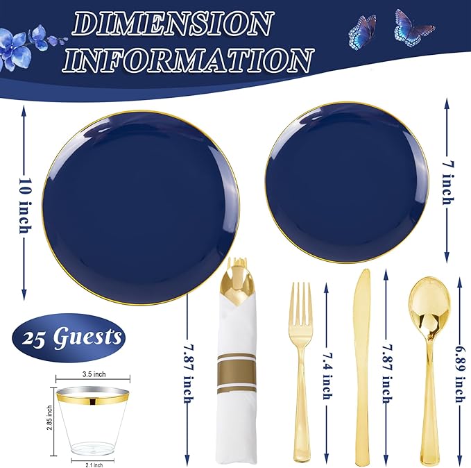 KIRE 175Pcs Blue Plastic Plates - Navy Blue Plates Disposable - 25 for Dinner 25 for Dessert 25 Pre Rolled Napkins with Gold Plastic Silverware and 25 Cups for Birthday Party/Wedding