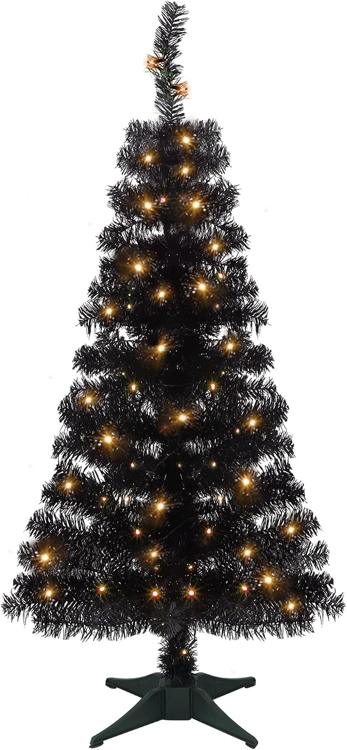 Juegoal Lighted Artificial Halloween Black Christmas Tree, Pre-lit 4 FT Black Tinsel Xmas Pine Trees, Light up with 70 LED Lights Battery Powered, 8 Modes & Timer for Home Office Party Decorations