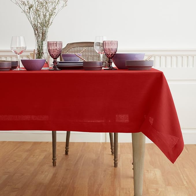 Solino Home Linen Red Tablecloth 60 x 132 Inch - 100% Pure Linen Rectangular Tablecloth - Machine Washable Table Cloth for Christmas, Fall, Autumn - Fete