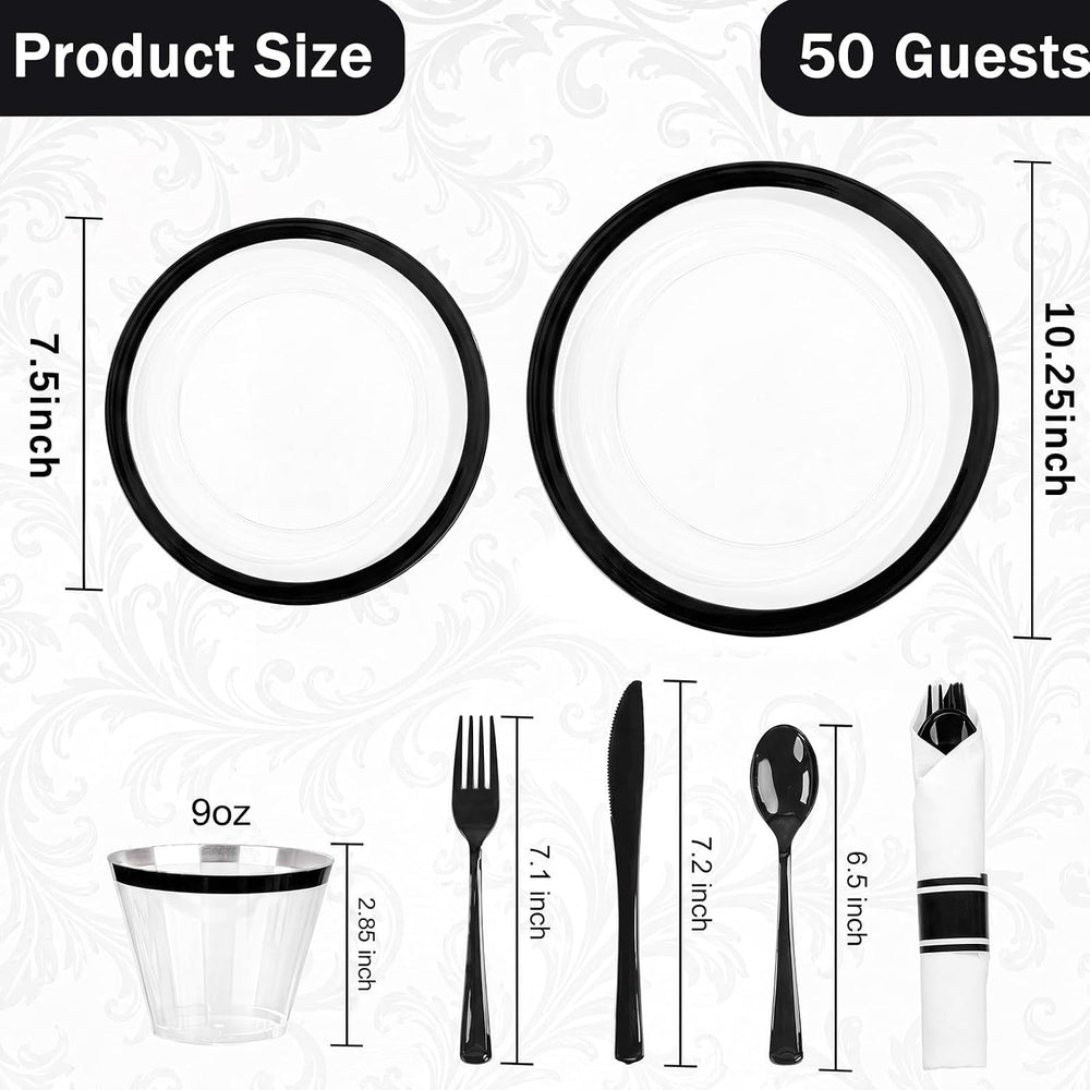 I00000 350Pcs Black Plastic Dinnerware Set,Disposable Plates for 50 Guests