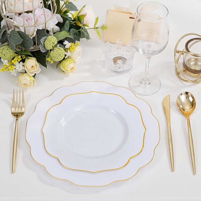 bUCLA 180PCS White and Gold Plastic Plates Disposable - White with Gold Rim Dinnerware Set Include 30 Guests Dinner & Dessert Plates, Cups, Cutlery Set for Wedding, Party & Thanksgiving Table Decor