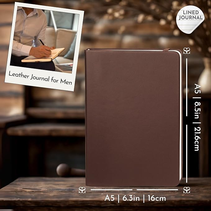 SETTINI Journal Notebook for Writing, Vegan Leather Hardcover Notebook - Pen loop, Back Pockets & Lay-Flat design, 120 GSM A5 College ruled Bleed free Paper, Gift Set for Men and Women, Mocha Brown - Birthday Gift