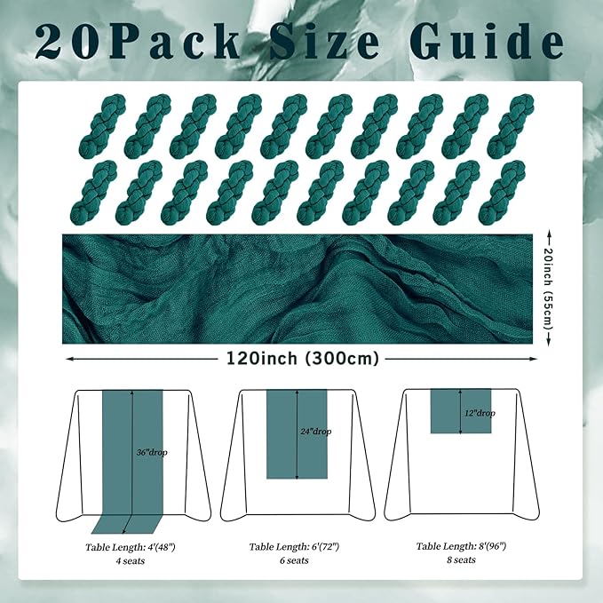 20 Pack Teal 10FT Cheesecloth Table Runner Rustic Gauze Cheese Cloth Table Runner for Wedding Bridal Baby Shower Table Decorations Boho Fabric Sheer Birthday Party Table Decor 20 x 120 Inch Long