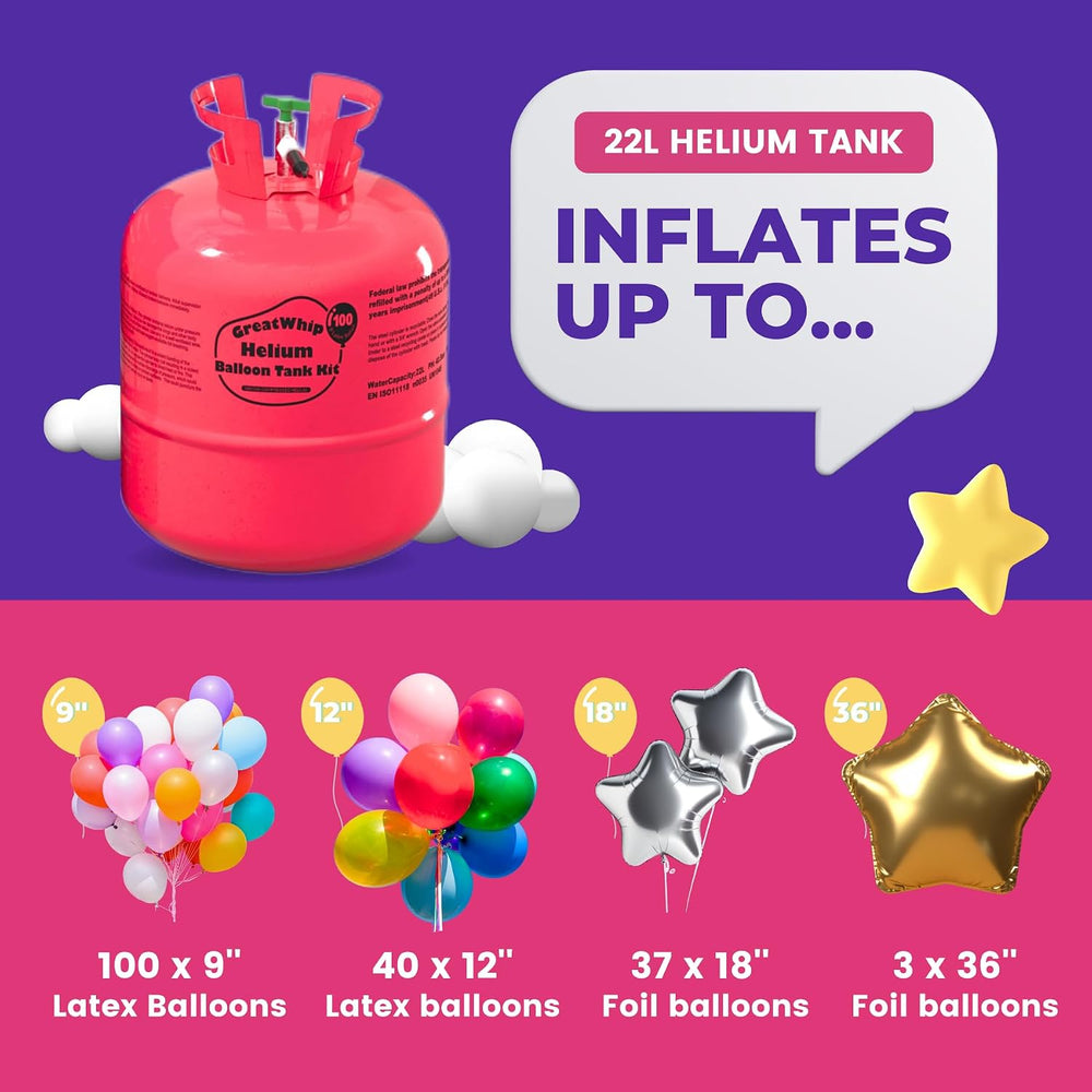 GreatWhip 22L Helium Tank for Balloons at Home, Up to 100 Latex Balloons