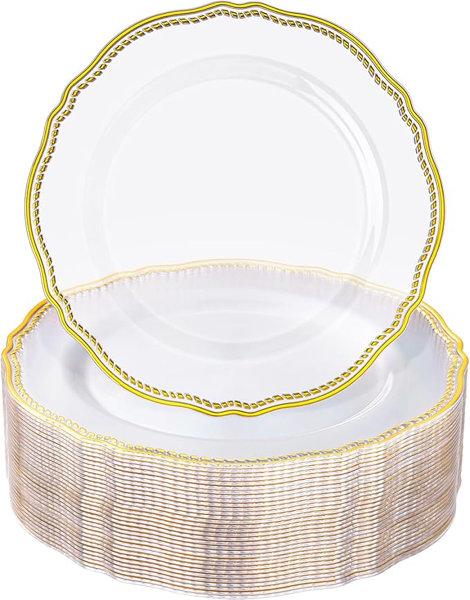 Hioasis 60pcs Clear Plastic Plates - Clear and Gold Disposable Dinnerware with Gold Rim, Heavy-duty, 7.5 inch, Dessert Plates for Party & Wedding