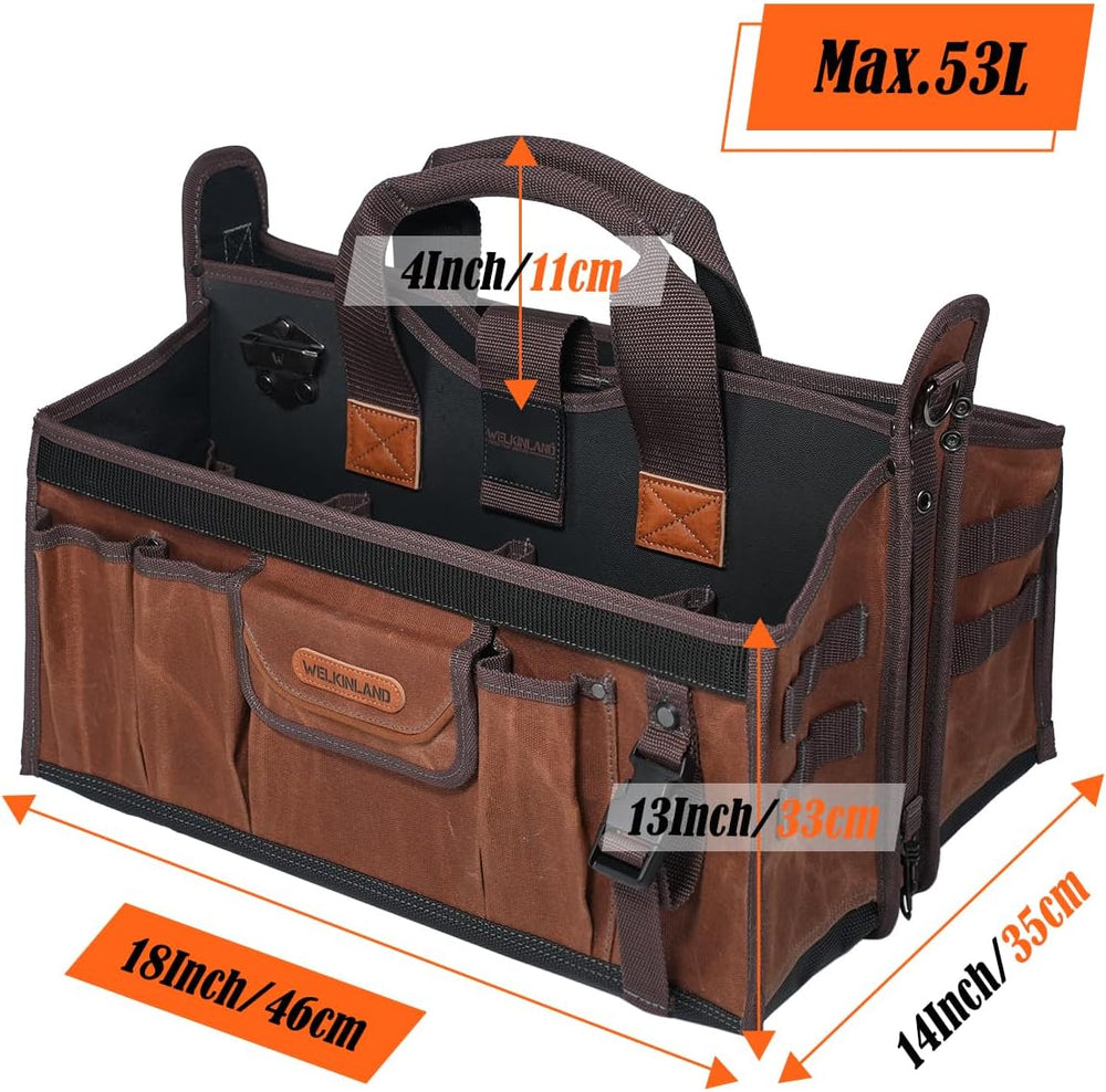 WELKINLAND 21-Pockets Waxed Canvas Tool Tote, 18-Inch Electrician Tool Bag