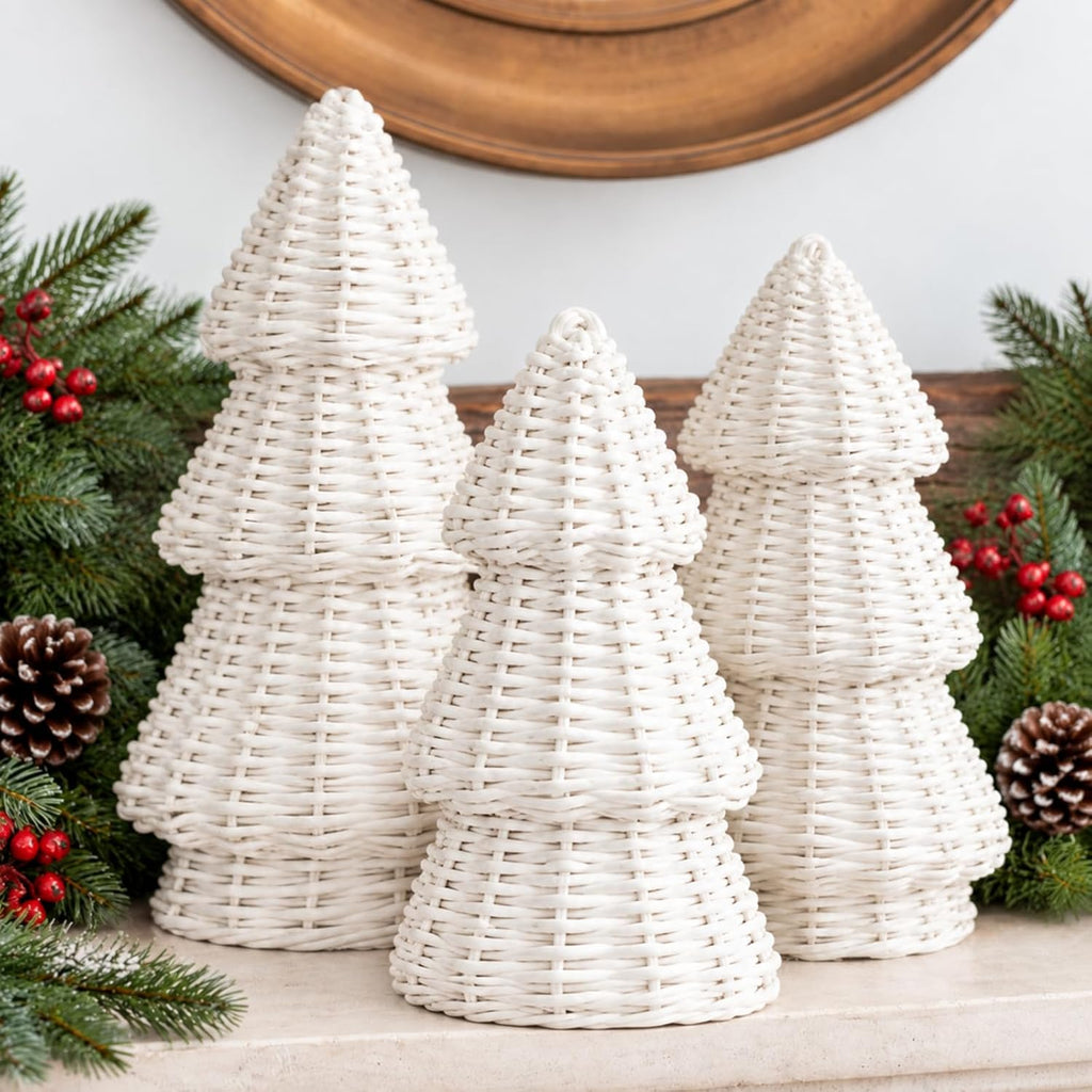 MiniInflat 3 Pcs Woven Rattan Christmas Tree Decor, Classic Weave, White