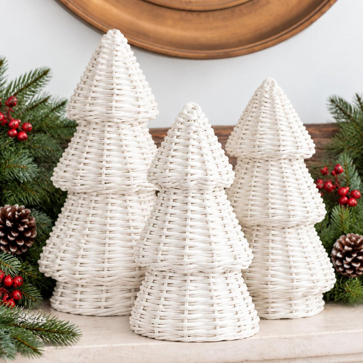 MiniInflat 3 Pcs Woven Rattan Christmas Tree Decor, Classic Weave, White