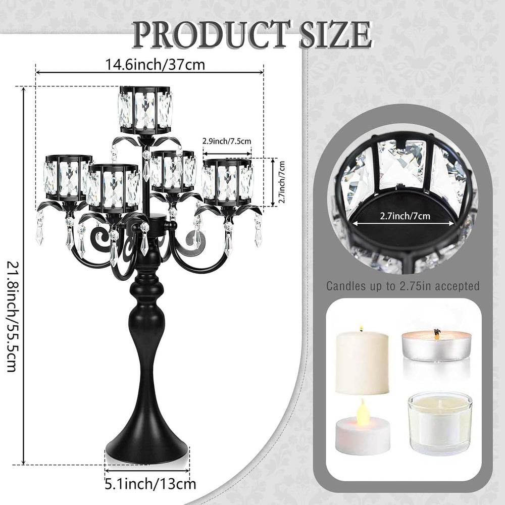 1PC Black 5-Arm Crystal Pendant Metal Candle Holder with Square Crystal Bowl,...