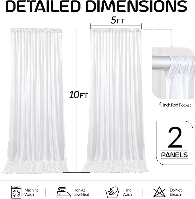 White Satin Backdrop Curtains 2 Panels - Glitter Photo Drapes for Baby Shower, 10x10FT Shimmer Back Drop Cloth, Wrinkle Free for Birthday Party Prom Wedding Stage Background
