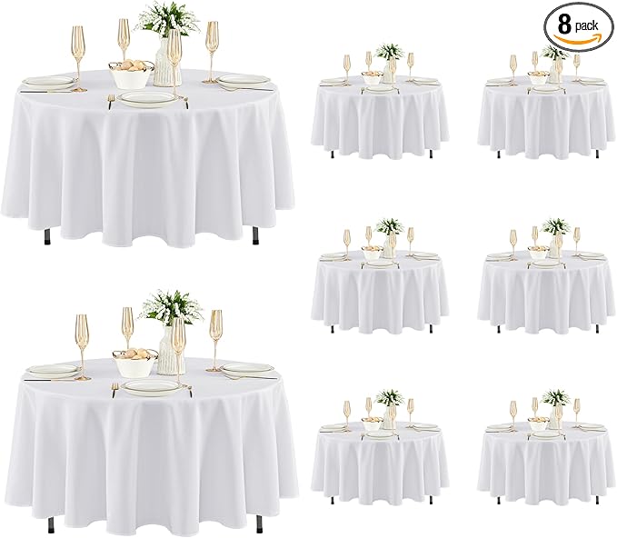 Fitable 8 Pack Round Tablecloths: Stain Resistant Wrinkle Free Circle Table Clothes, Washable Reusable Polyester Table Covers for Wedding Party Birthday Banquet Reception(White, 70 Inch)