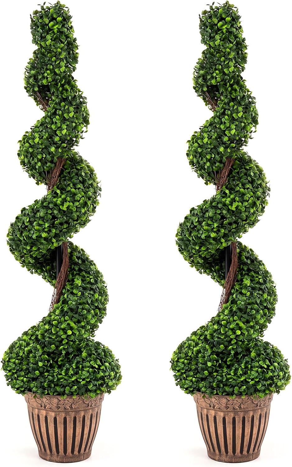 GOPLUS 4 Ft Artificial Boxwood Spiral Topiary Tree, Fake Greenery Plants, Leaves & Cement-Filled Plastic Flower Pot Decorative Trees for Porch Home Office Indoor Outdoor