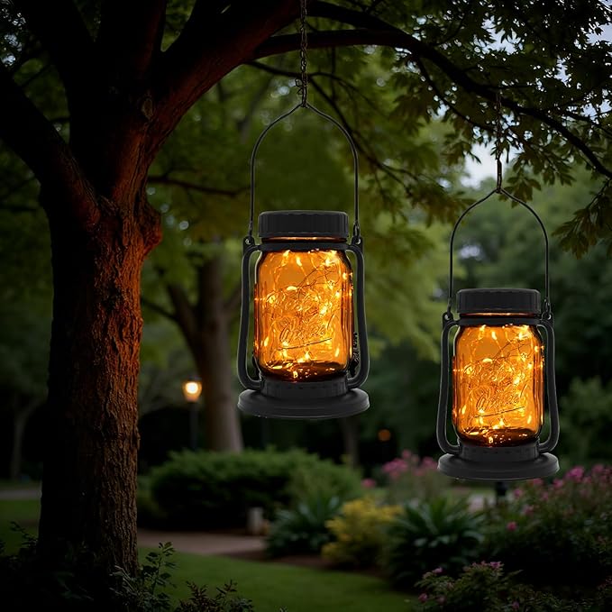 Mason Jar Lights - Solar Lantern Outdoor Waterproof, Hanging Solar Lights for Outside, Halloween, Fairy Twinkle Glass Decorative Lamp for Yard, Patio, Garden, Porch, Table, Wedding, Pack 2 (2 Pack)