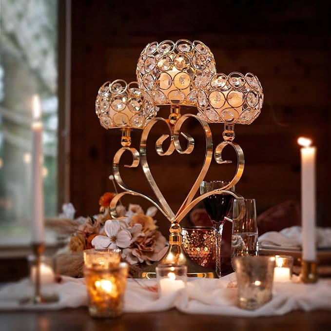2 Pcs 3-Arm Heart Tea Light Candle Holder - Crystal & Metal Wedding Centerpiece Decor, Sparkling Table Decor for Anniversaries/Romantic Tabletop Home/Dinner Party/Events (2, Gold)