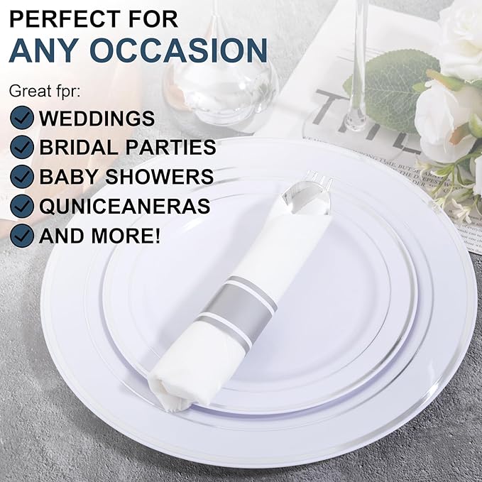 400PCS Pre Rolled Silver Plastic Silverware Sets - Heavy Duty Silver Cutlery - Include 100 Pack Wrapped Disposable Utensils with Napkins for Parties & Dinners & Weddings