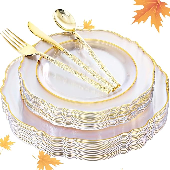 Liacere 150PCS Clear Gold Plastic Plates - Disposable Plastic Silverware with Glitter Bamboo Handle Cutlery-Baroque Clear Gold Disposable Plates for Wedding & Party & Thanksgiving &Fall Decor