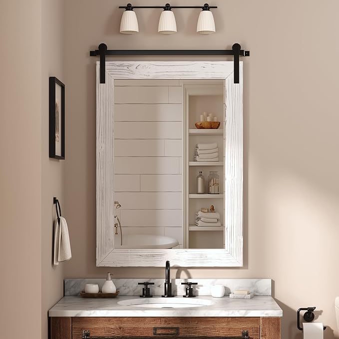 COGOOD Farmhouse Bathroom Mirror - 42 x 29 Rustic Barn Door Style Mirror for Living Room, Entryway, Vanity Wall Decor (White)