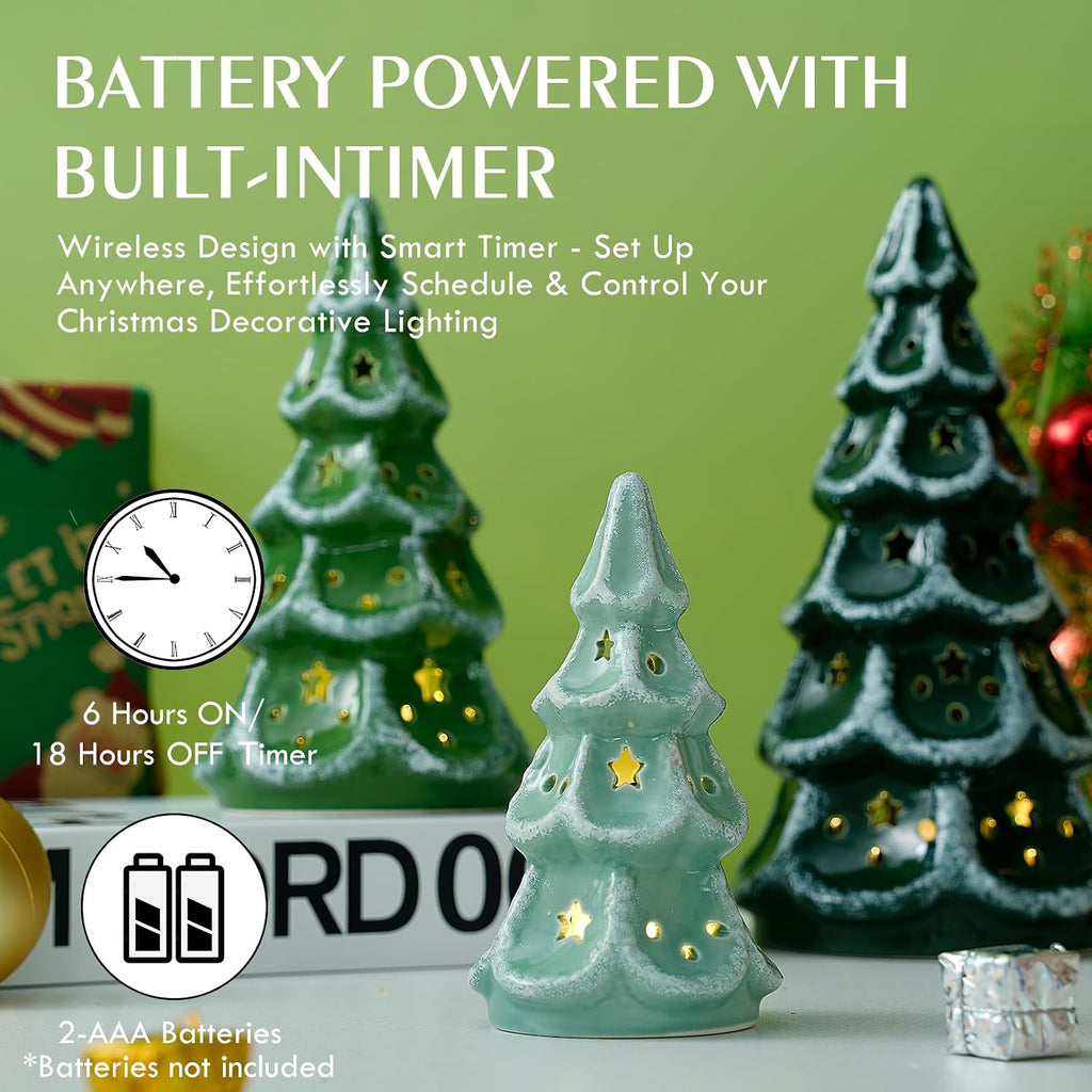 ceramic christmas tree with lights, set of 3, close-up detail