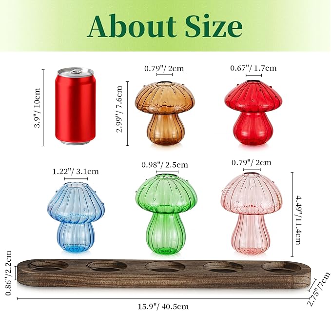 Glass Propagation Station for Plant: Mushroom Planter with Wooden Stand for Home Office Decor - Unique Propagation Jars for Plant Lovers - Set of 5 Hydroponic Mushroom Vases Gift for Mom