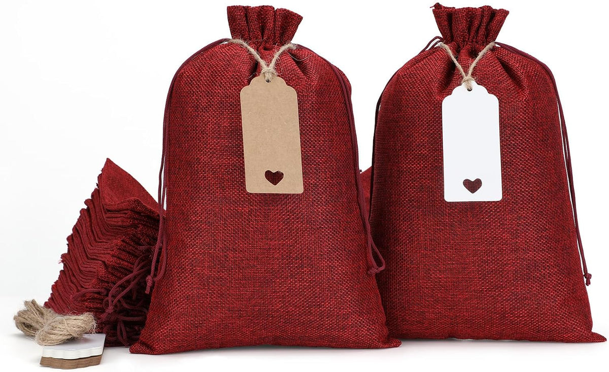 Tapleap 8x12” Red Burlap Gift Bags, 30Pcs Sacks- With Tags & Strings