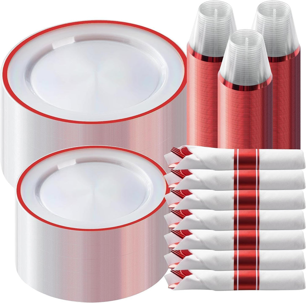 350 Pcs Clear Red Plastic Dinnerware Sets for Party for 50 Guests