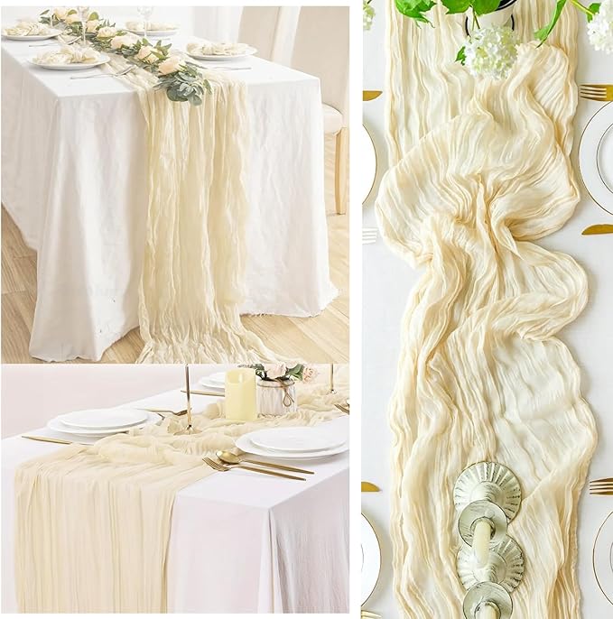 10FT 20 Pack Beige Cheesecloth Table Runner 20 x 120 Inch Long Rustic Gauze Fabric Cheese Cloth Table Runner for Wedding Bridal Baby Shower Table Decorations Boho Sheer Birthday Party Table Decor