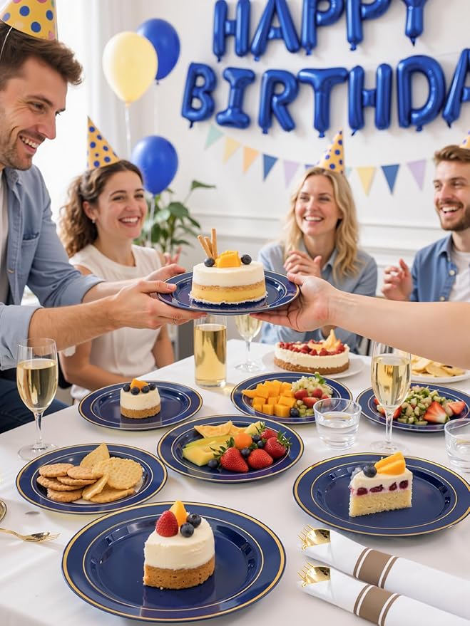 350PCS Blue and Gold Plastic Plates - Navy Blue Plastic Plates with Rolled Napkins - Include 25 Dinner Plate 10’’, 25 Dessert Plate 7’’, 25 gold Cups 9 OZ, 25 Pre Rolled Napkins for Party/Wedding