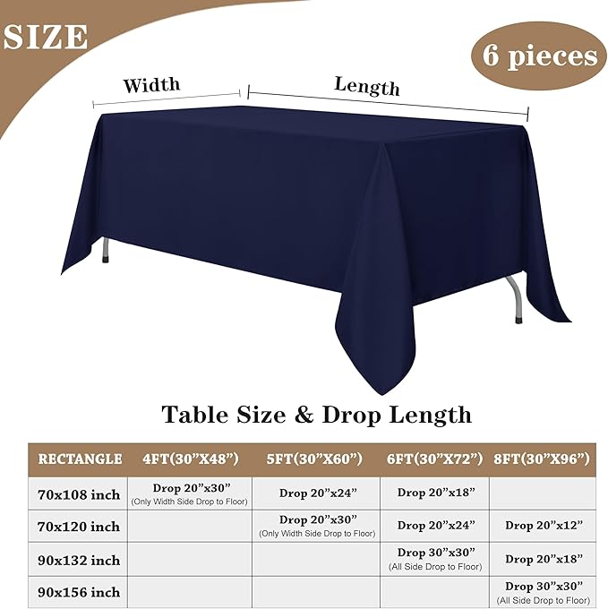 Fitable Elegant Rectangle Table Clothes, 6 Pack - 90 x 132 Inch, Navy - Reusable and Washable Tablecloths, Polyester Fabric Table Covers for Wedding, Party, Banquet, Formal Events