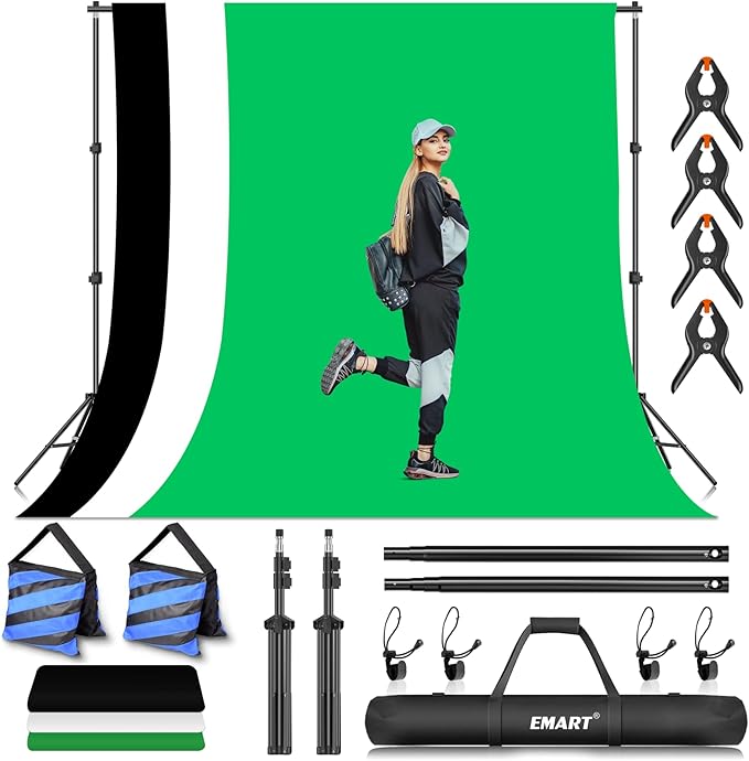 EMART Photo Video Studio Backdrop Stand Kit, 7×10ft Adjustable Photography Support System with Polyester Background(Black/White/Green Screen), Spring Clamps and Carry Bag for Photoshoot (3Pcs)