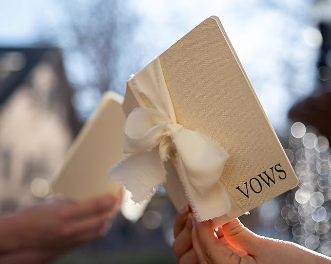 Cream Embossed Slim Vow Books w/Ribbon (Set of 2) - 5.625 x 4 Minimalist Pocket Sized Wedding Ceremony Vow Renewal Speech Notebook Journal