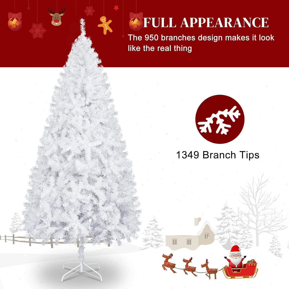 karl home 8 ft white artificial christmas tree showing dimensions