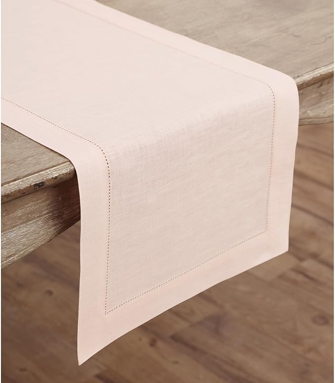 Solino Home Linen Pink Table Runner 144 Inches Long - 100% Pure Linen Extra Long Table Runner 14 x 144 Inch for Halloween - Classic Hemstitch